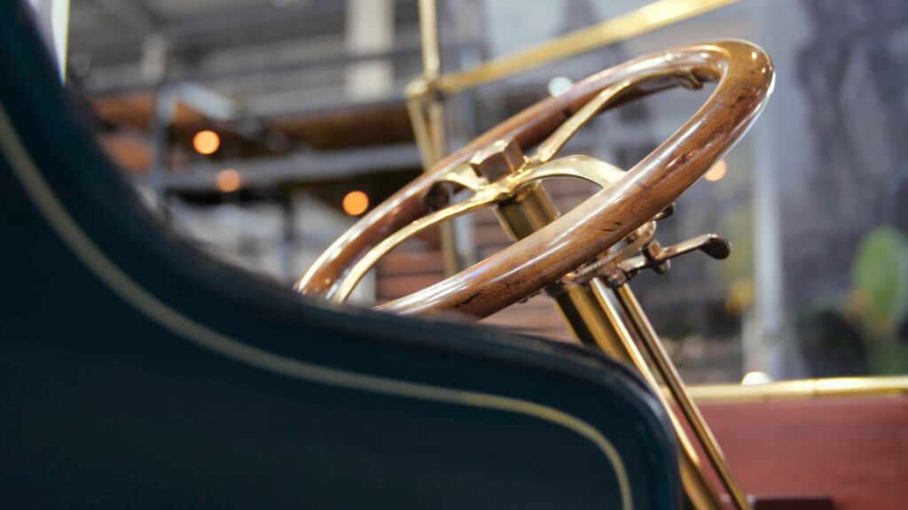 Basket in delivery retro car. Media. Vintage delivery service on European retro cars. Close-up of